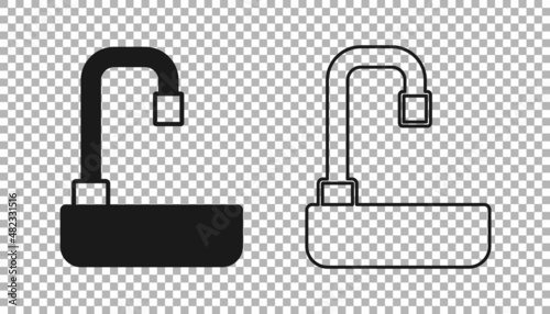 Black Washbasin with water tap icon isolated on transparent background. Vector