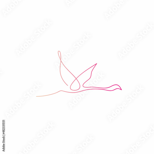 One line pink flamingo flies design silhouette.Hand drawn minimalism style vector illustration