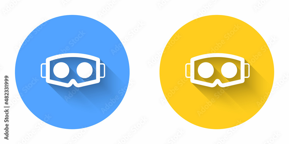 White Virtual reality glasses icon isolated with long shadow background. Stereoscopic 3d vr mask. Optical head mounted display. Circle button. Vector White Virtual reality glasses icon isolated with long shadow background. Stereoscopic 3d vr mask. Optical head mounted display. Circle button. Vector