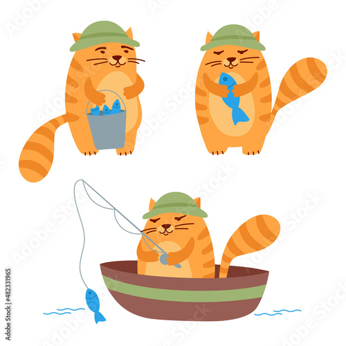Cat with big fish. Fisher character set isolated