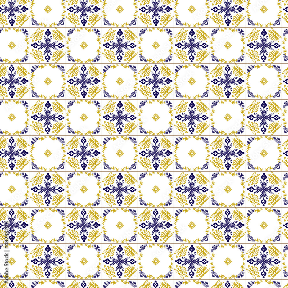 Azuleyo seamless pattern yellow and blue ornament.Portugal geometric ceramics.Geometry seamless pattern in portugales style yellow and blue ornament. Azulejos vector, fashion interior design tiles.