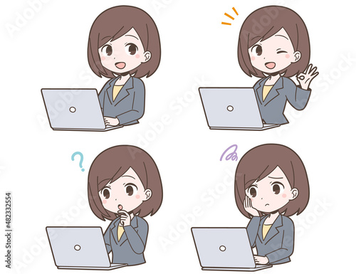 ビジネススーツ姿でPCを操作する若い女性の表情セット