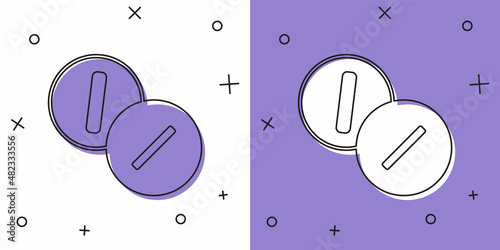 Set Toothache painkiller tablet icon isolated on white and purple background. Tooth care medicine. Capsule pill and drug. Pharmacy design. Vector