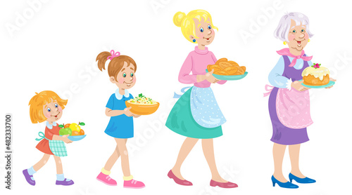 Grandmother, mother, daughter and granddaughter carry plates of food. In cartoon style. Isolated on white background. Vector illustration.