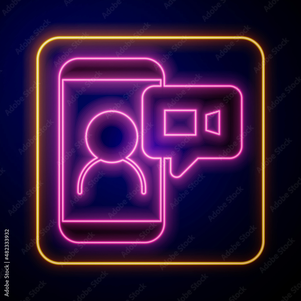 Glowing neon Video chat conference icon isolated on black background. Online meeting work form home. Remote project management. Vector Glowing neon Video chat conference icon isolated on black background. Online meeting work form home. Remote project management. Vector