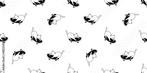 cat seamless pattern skateboard kitten vector calico skating surf skate extreme sport breed neko cartoon character pet tile background repeat wallpaper scarf isolated illustration doodle design