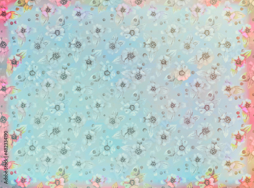 Retro background with floral ornament. Blue and pink colors. Grunge texture. Scrapbooking background. Printing on paper.