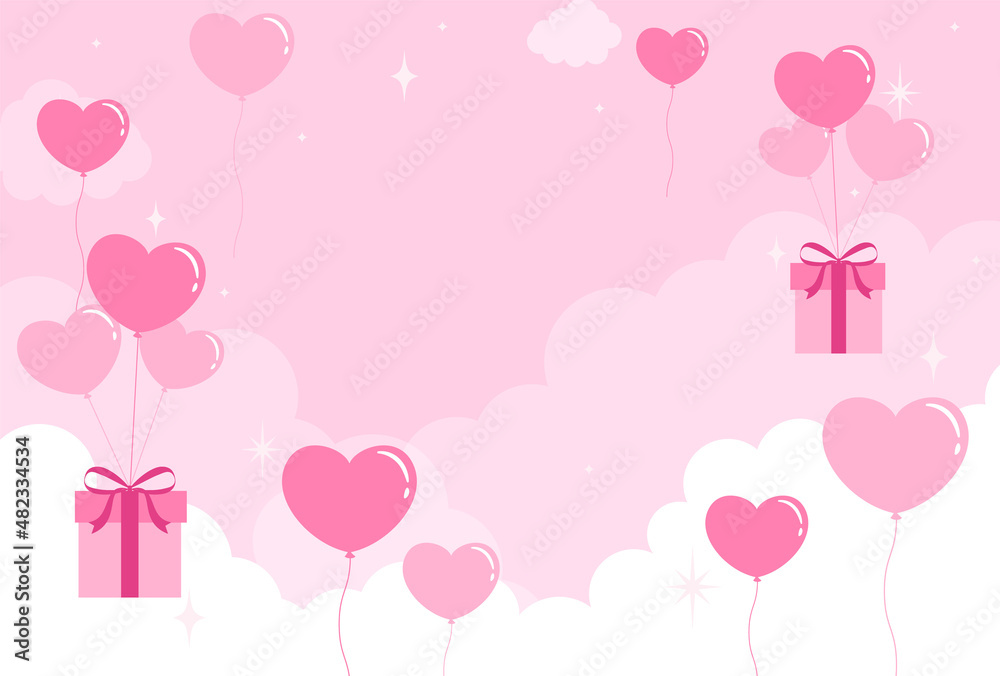 vector background with heart shaped balloons and gift boxes in the sky for Valentine’s day banners, cards, flyers, social media wallpapers, etc.