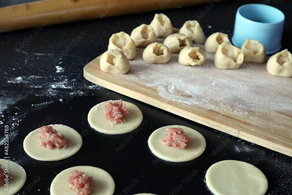 Cooking Russian dumplings from dough and meat. Handmade. Cooking Russian dumplings from dough and meat. Handmade.