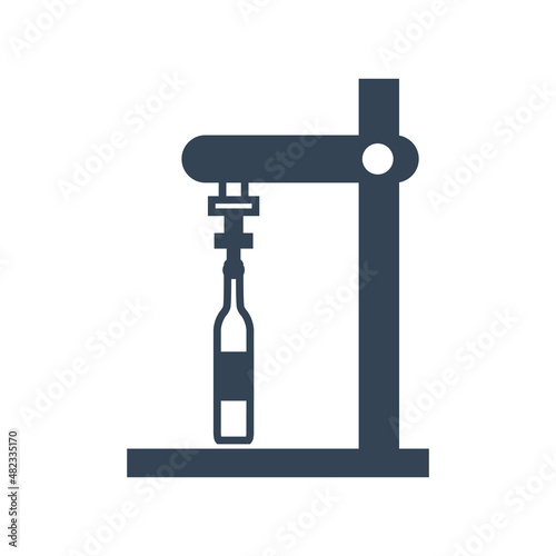 Vector black icon production of wine, bottle capping machine