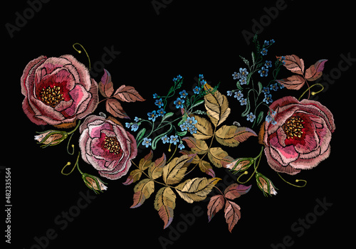 Embroidery pink roses and meadow herbs. Summer garden art. Fashionable template for design of clothes, t-shirt design