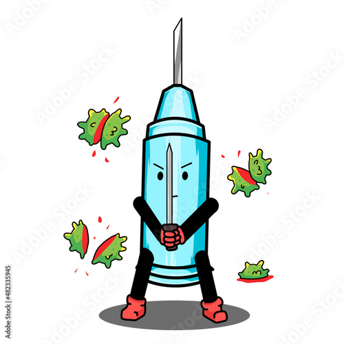 cartoon illustration of a syringe fighting the covid-19 virus, vaccine mascot. fit for print design and more