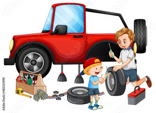 Dad and son fixing a car together on white background