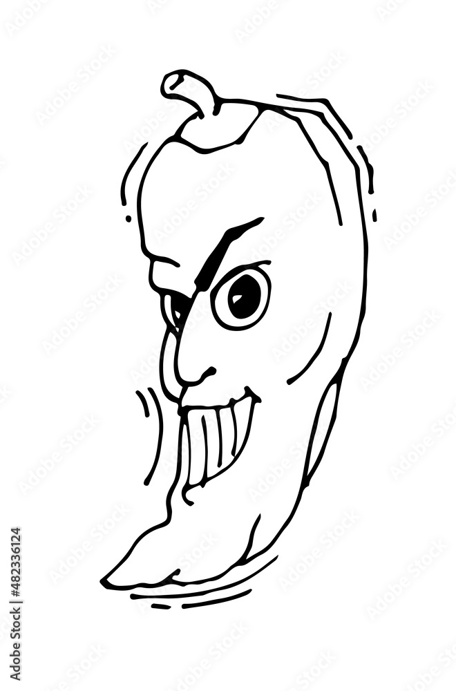 Hot pepper laughs. Funny Face. Cheerful drawing of fruit. Hand drawing outline. Sketch Isolated on white background. Vector Hot pepper laughs. Funny Face. Cheerful drawing of fruit. Hand drawing outline. Sketch Isolated on white background. Vector