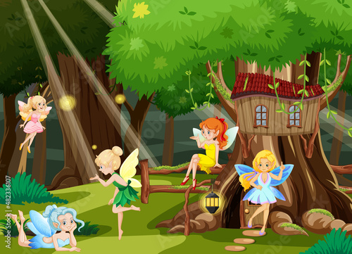 Fantasy forest with cute fairies