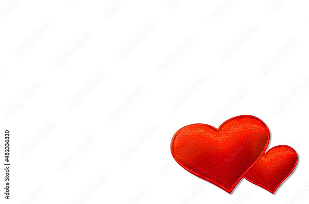 Two red hearts isolated on white background. Valentine card. Heart Shape on pink background. concept of Valentine's, anniversary, mother's day and birthday greeting, copyspace