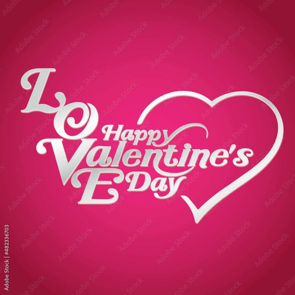 Valentines Day elegant  text banner. Valentine greeting card template with font happy valentine's day and white heart in line on pink background. Vector illustration