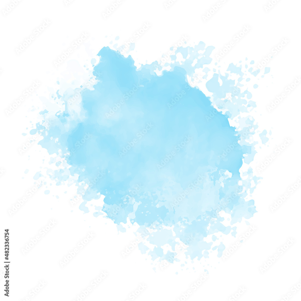 Abstract pattern with blue watercolor cloud on white background. Cyan watercolour water brash splash texture. Vector pastel color paint stain. Blue watercolor background