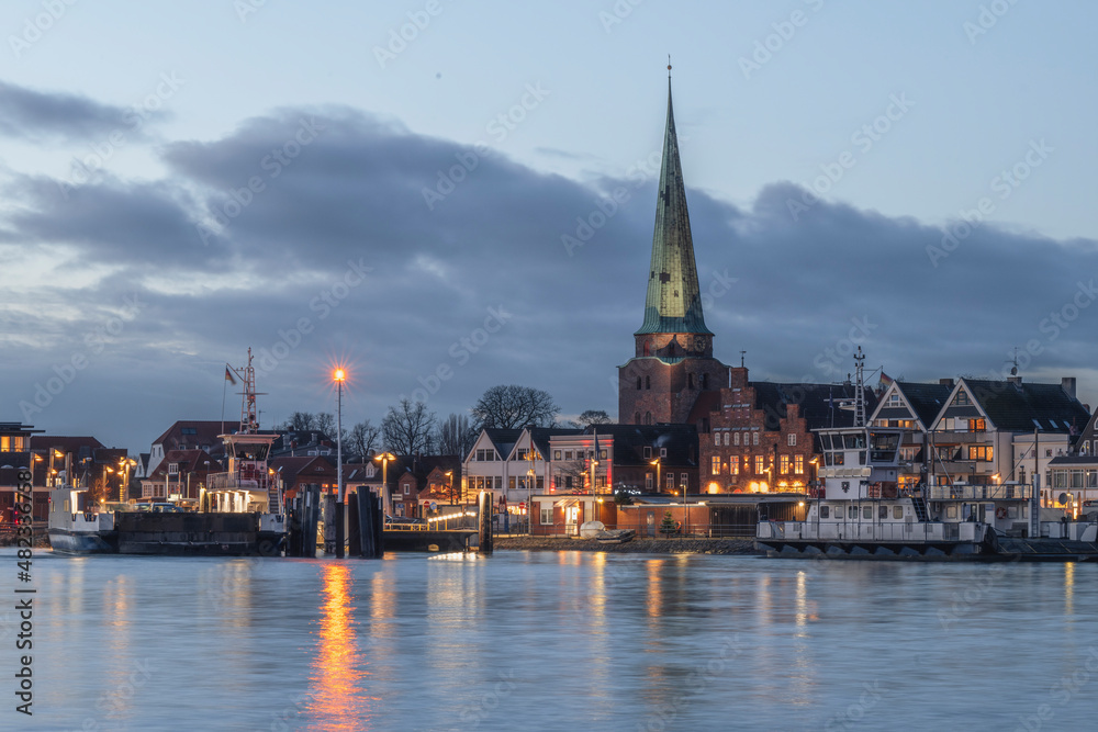 Germany, Schleswig-Holstein, Lubeck, Skyline of Travemunde at dusk Germany, Schleswig-Holstein, Lubeck, Skyline of Travemunde at dusk