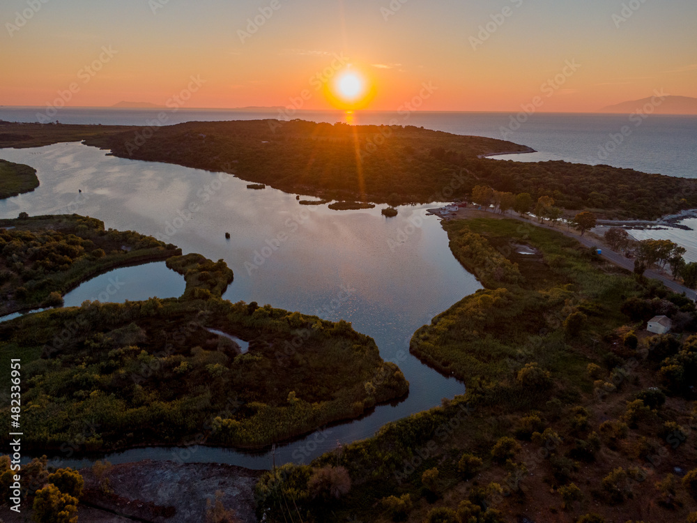 Aerial drone view of Antinioti Lake in north  Corfu Island, Greece