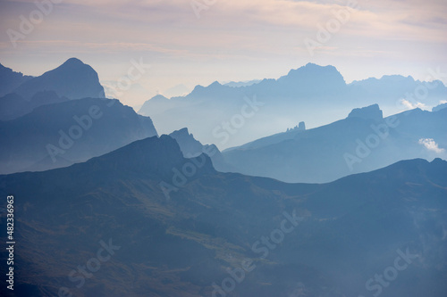 Dolomites mountain range seen from Piz Boe at sunrise, Trentino-alto Adige, Italy photo