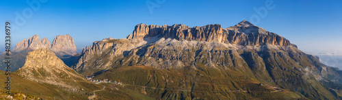 Scenic view of Sass Pordoi and Pordoi Pass, Trentino-alto Adige, Italy photo