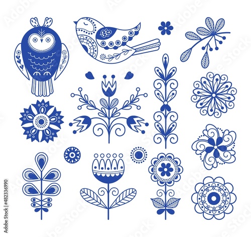 Scandinavian folk design. Nordic blue ornament elements, swedish folklore art. Rustic finnish decor, floral danish style embroidery nowaday vector template photo