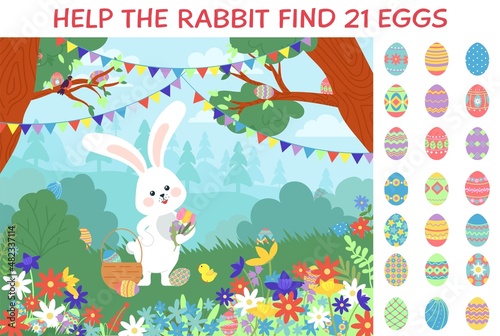 Eggs hunt. Easter puzzle game location with bunny and egg in garden or forest. Hare and chicken with basket, festive play hidden objects decent vector background