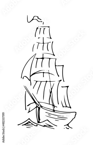 Sailboat floats on waves. Big ship. Front view. Outline sketch. Hand drawing isolated on white background. Vector