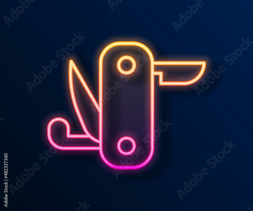 Glowing neon line Swiss army knife icon isolated on black background. Multi-tool, multipurpose penknife. Multifunctional tool. Vector