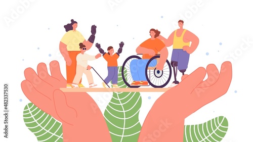 People support. Hands hold human without hand, leg or vision, person in wheelchair. Helping and volunteering, healthcare vector concept
