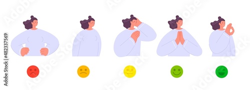 Female mood. Different moods of woman. Girl angry, sad, neutral and happy. Positive and negative emotions scale of adult person, flat cartoon vector characters
