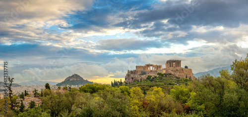 Picturesque Panorama of Athens with Acropolis hill at sunset  Athens  Greece. The Old Acropolis is the main attraction of Athens.