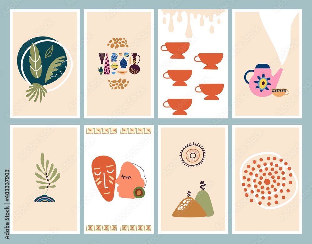 Primitive art wall posters. Boho style cards with abstract elements. Vases with plants, cups and dripping mokko, leaves and dotted sun, vector backgrounds