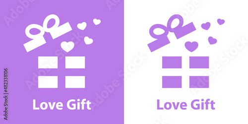 Banner con texto Love Gift con silueta de caja de regalo con corazones para su uso en invitaciones y tarjetas de felicitación