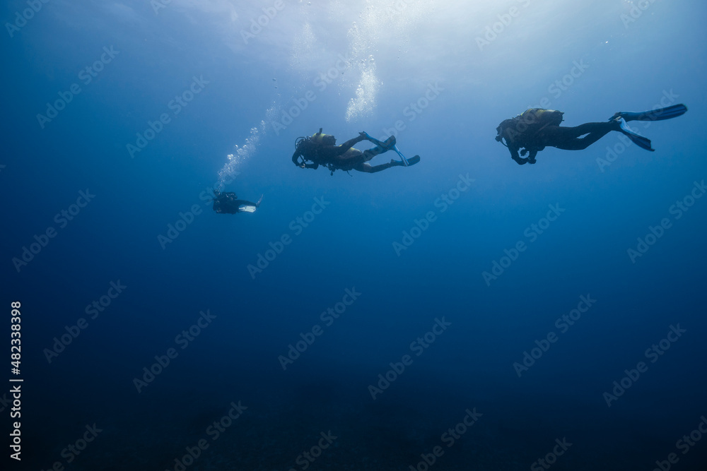 Young friends with diving equipment in blue sea Young friends with diving equipment in blue sea