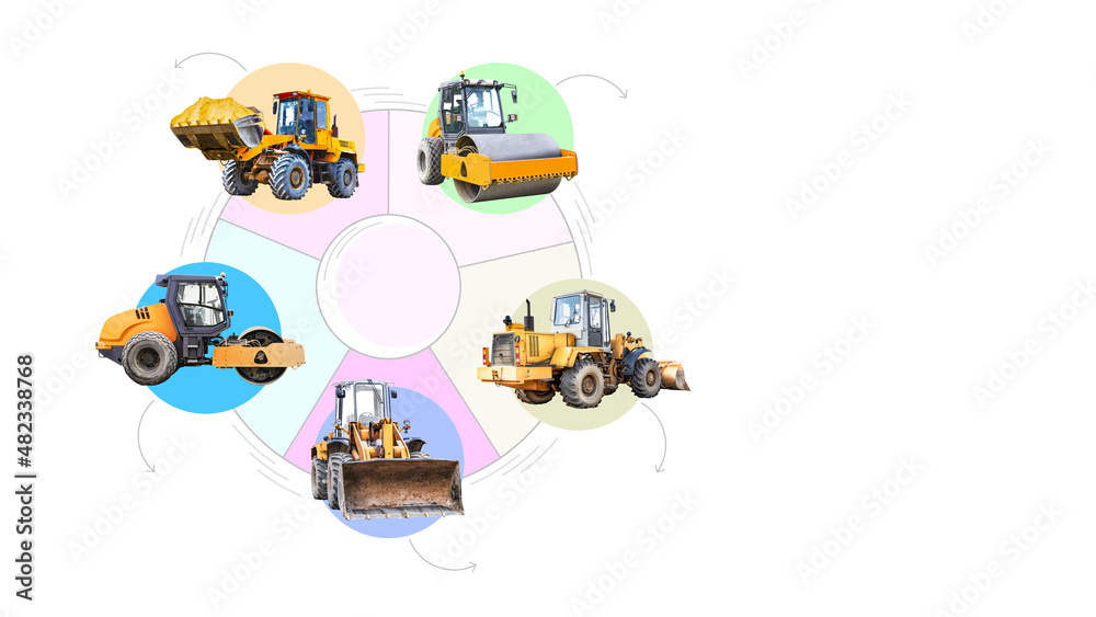 Illustration of construction equipment in the form of infographics. Powerful vibratory roller and loader. Road construction equipment. Image of industrial transport for advertising and design. Illustration of construction equipment in the form of infographics. Powerful vibratory roller and loader. Road construction equipment. Image of industrial transport for advertising and design.