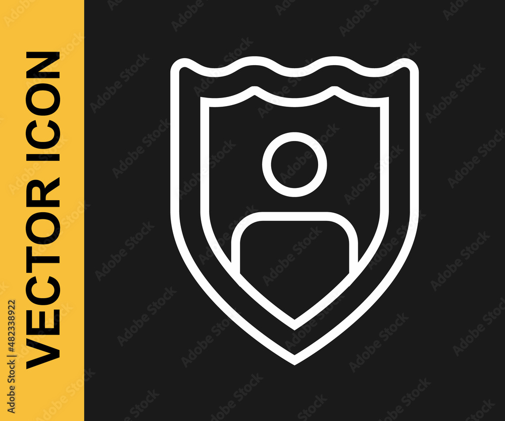 White line Life insurance with shield icon isolated on black background. Security, safety, protection, protect concept. Vector White line Life insurance with shield icon isolated on black background. Security, safety, protection, protect concept. Vector