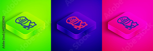 Isometric line Taxi service rating icon isolated on green, blue and pink background. Square button. Vector