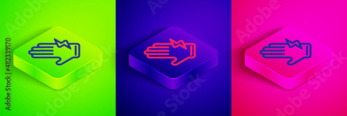 Isometric line Electric glove icon isolated on green, blue and pink background. Safety gloves, hand protection. Square button. Vector