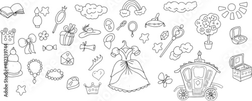  Princess castle carriage decoration sweets jewels cute pictures for girls fairy tale story doodle sketch elements hand drawn vector illustration isolated on white background, coloring for children