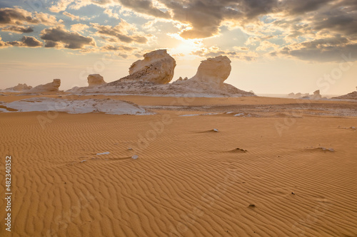 Chalk rocks in the White Desert at sunset. Egypt, Baharia