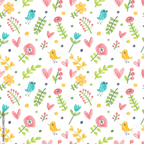 Seamless vector background with birds and flowers. Children style.