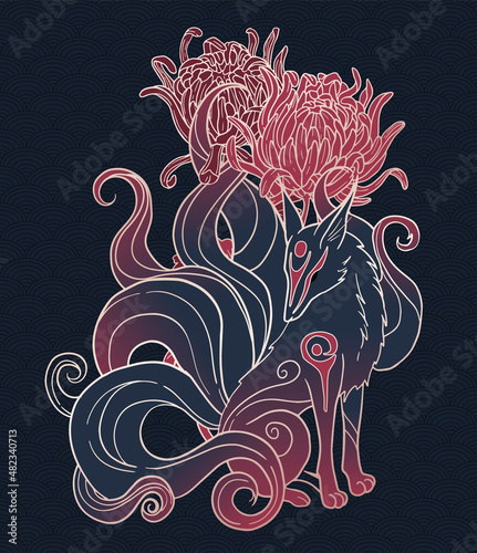 illustration with kitsune, nine tailed fox, with flowers