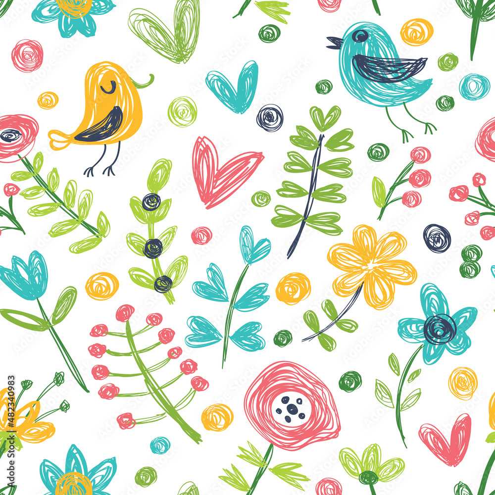 Seamless vector background with birds and flowers. Children style.