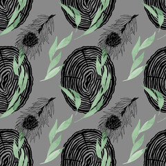 Fotobehang Grijs patronen Aquarel plantentakken naadloos patroon  © ElenVilk