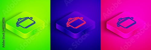 Isometric line Cooking pot icon isolated on green, blue and pink background. Boil or stew food symbol. Square button. Vector