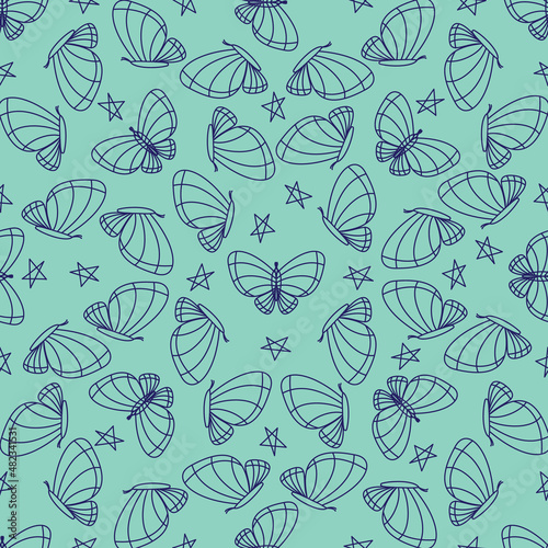 Seamless pattern with the image of butterflies on a blue background. The texture is drawn by line butterflies.