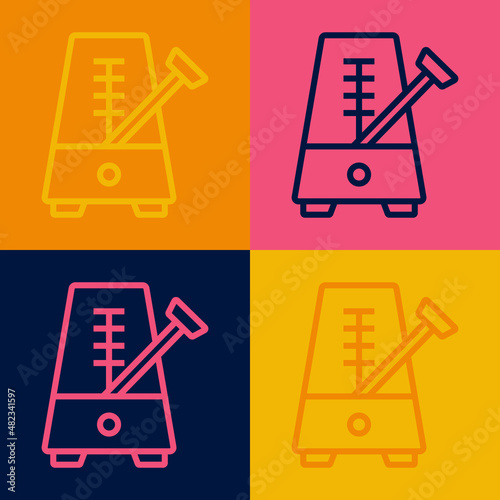 Pop art line Classic Metronome with pendulum in motion icon isolated on color background. Equipment of music and beat mechanism. Vector