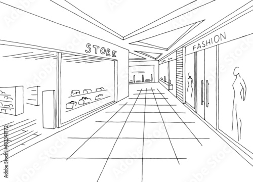 Shopping mall graphic black white interior sketch illustration vector 
